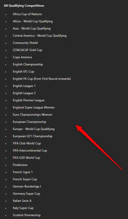 Sports events eligible for the bonus