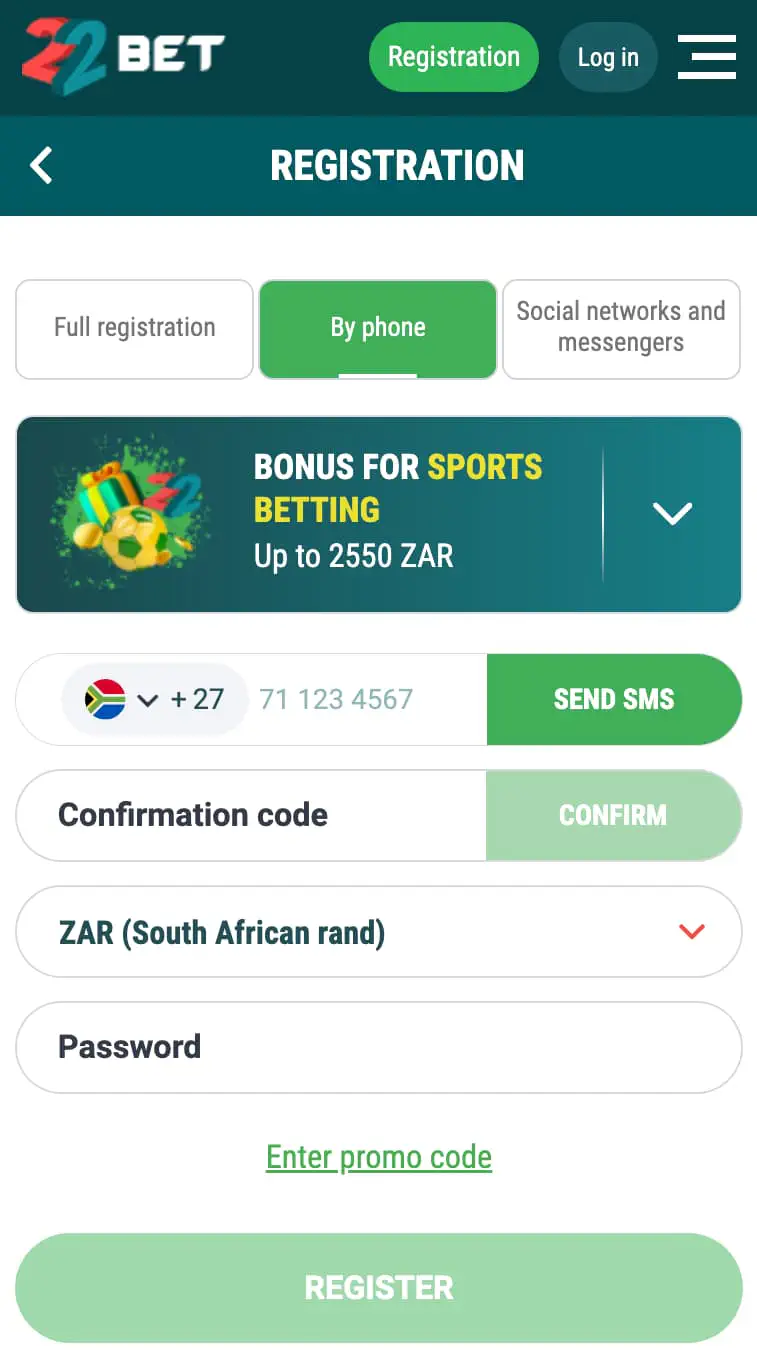 Register on 22bet