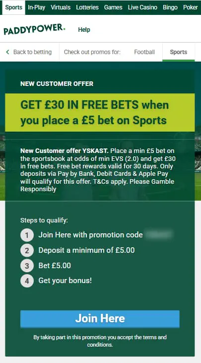 £30 Sportsbook offer