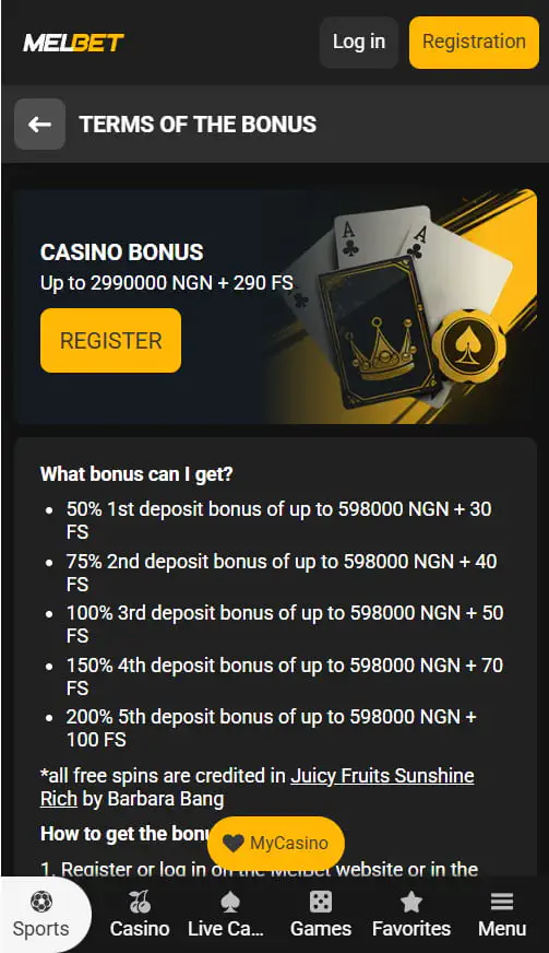 Melbet Casino bonus