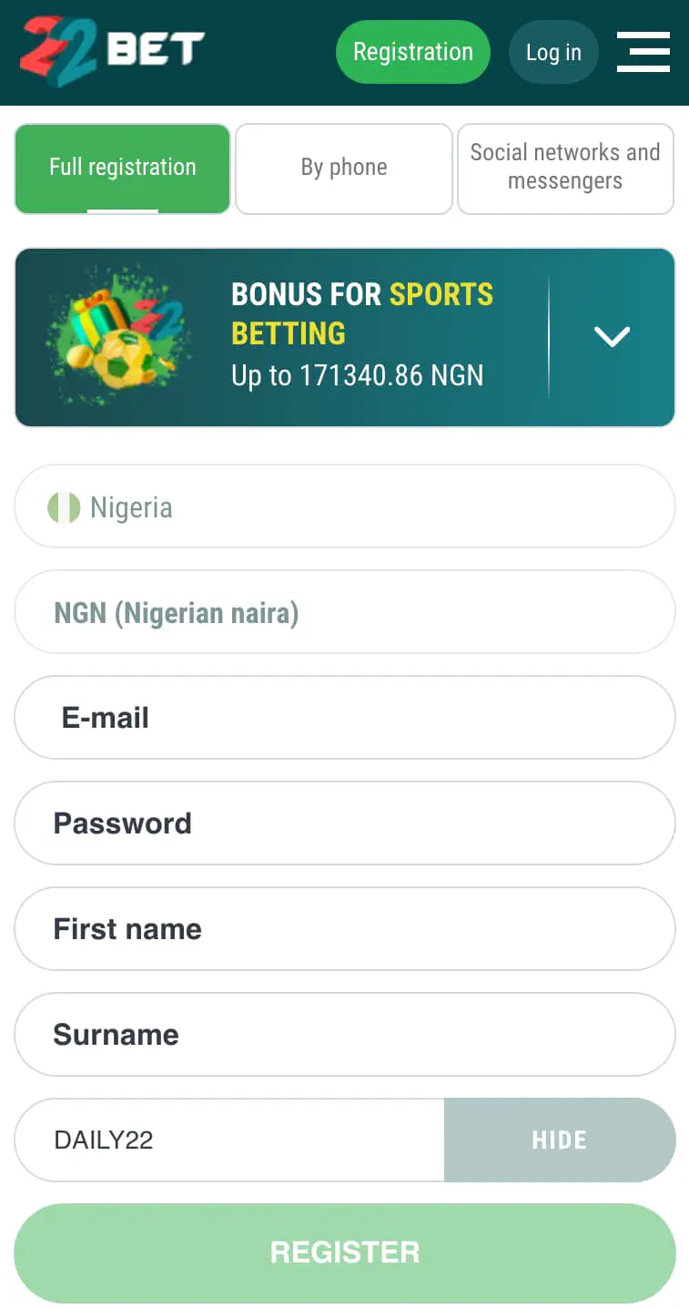 22Bet Registration