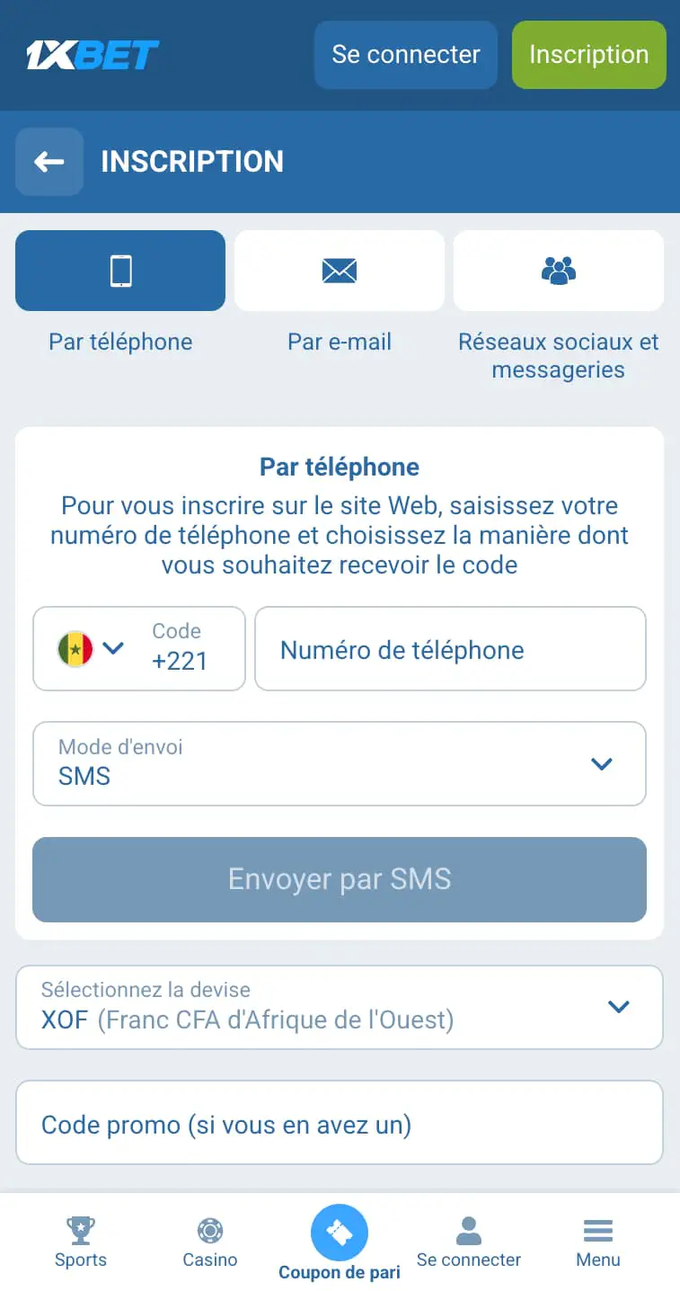 Inscription sur 1xBet