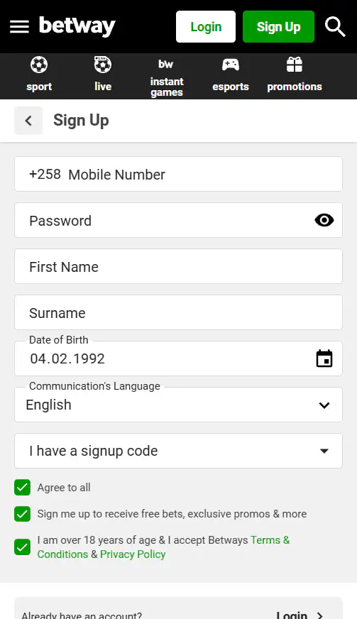 Registration at Betway Mozambique