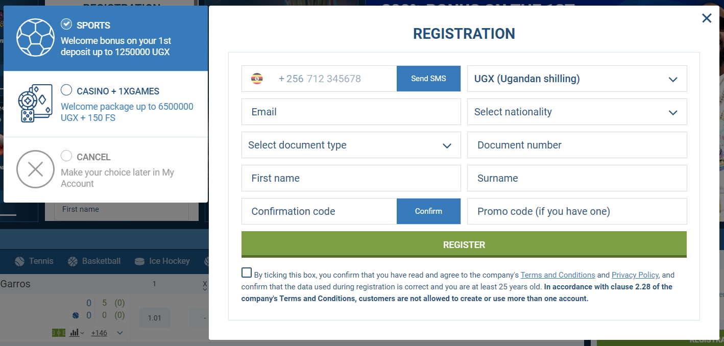 1xBet Uganda Registration