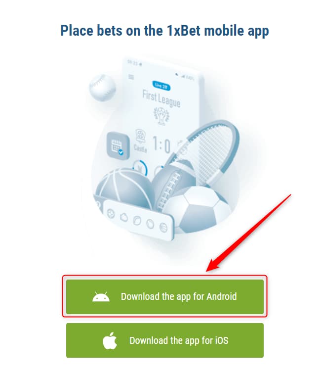 Interfaz del casino 1xbet en móvil